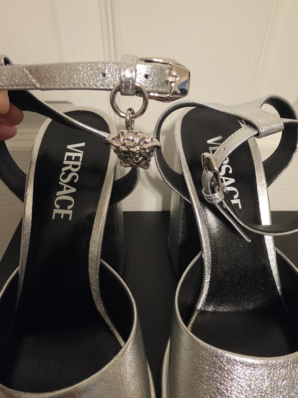 Versace Metallic Silver Platform Block-Heel Sandals 37